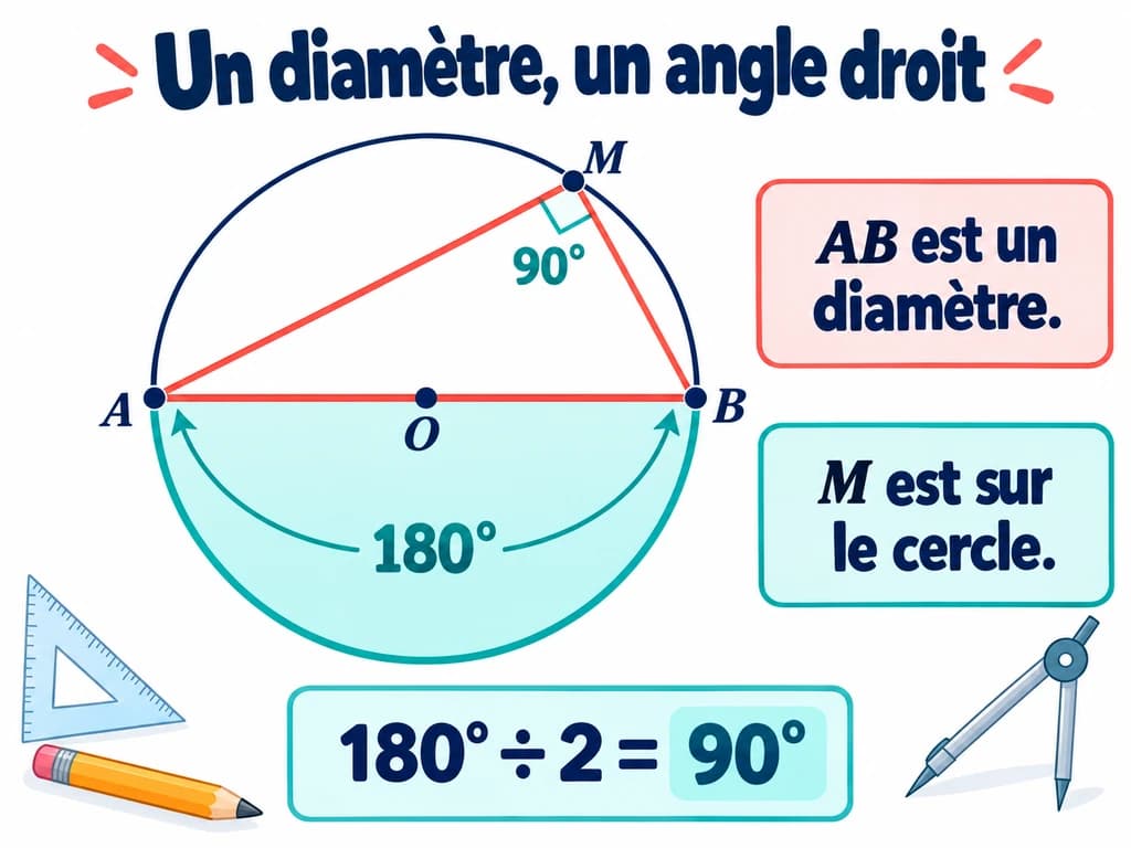 Le diamètre AB et le point M du cercle forment un triangle rectangle en M. Schéma de mathématiques 3AC.