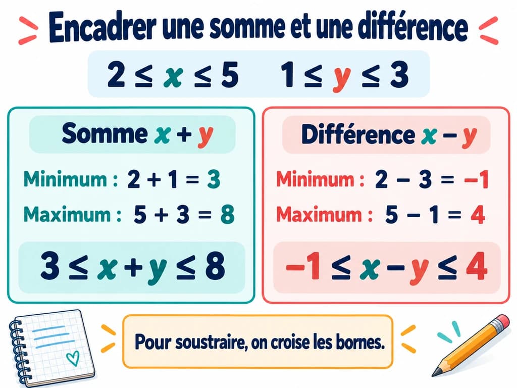 Calcul des bornes de x + y et x - y pour 2 ≤ x ≤ 5 et 1 ≤ y ≤ 3. Schéma de mathématiques 3AC.