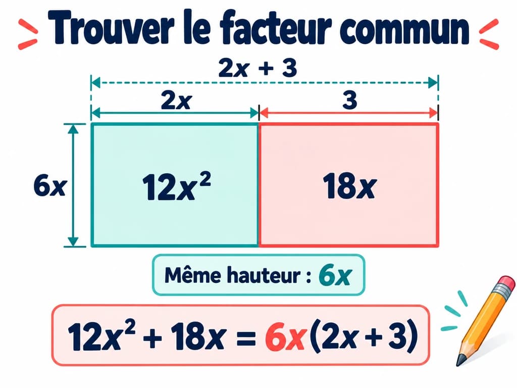 Deux rectangles de hauteur 6x et de largeurs 2x et 3, avec x positif. Schéma de mathématiques 3AC.
