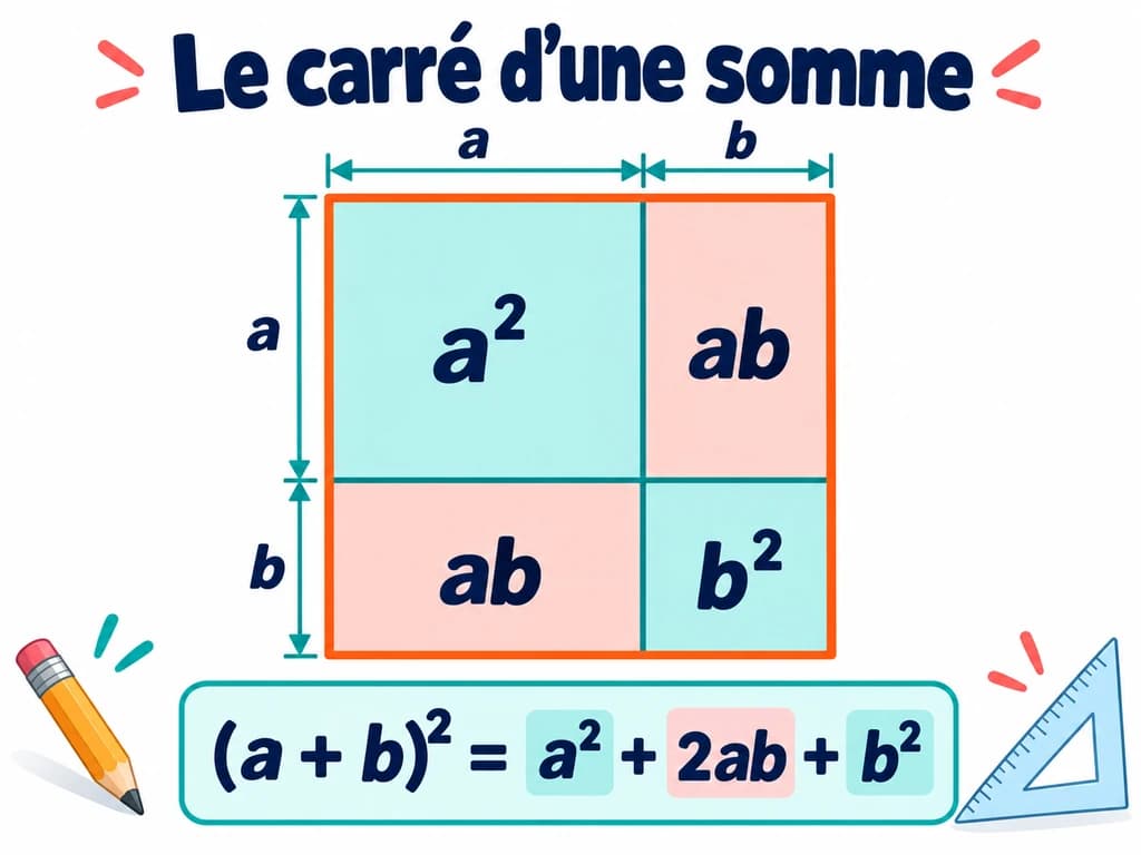 Carré d’une somme : mathématiques 3AC Décomposition d’un carré de côté a + b en a², ab, ab et b². Schéma de mathématiques 3AC.