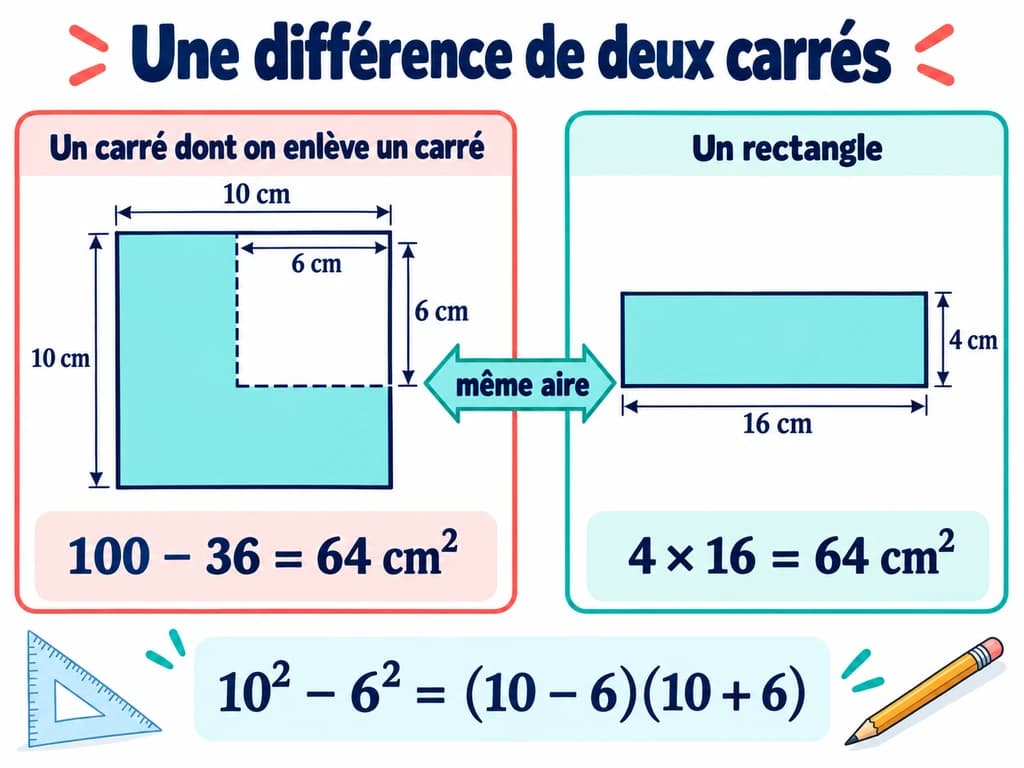 Un carré de côté 10 cm privé d’un carré de côté 6 cm donne une aire de 64 cm², comme un rectangle de côtés 4 et 16 cm. Schéma de mathématiques 3AC.