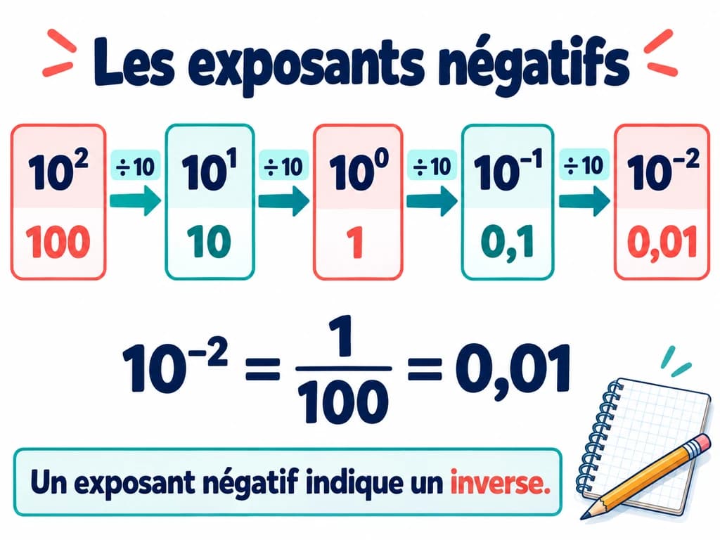 Comprendre les exposants négatifs : mathématiques 3AC Suite des puissances de dix de 10² à 10⁻² avec leurs valeurs. Schéma de mathématiques 3AC.