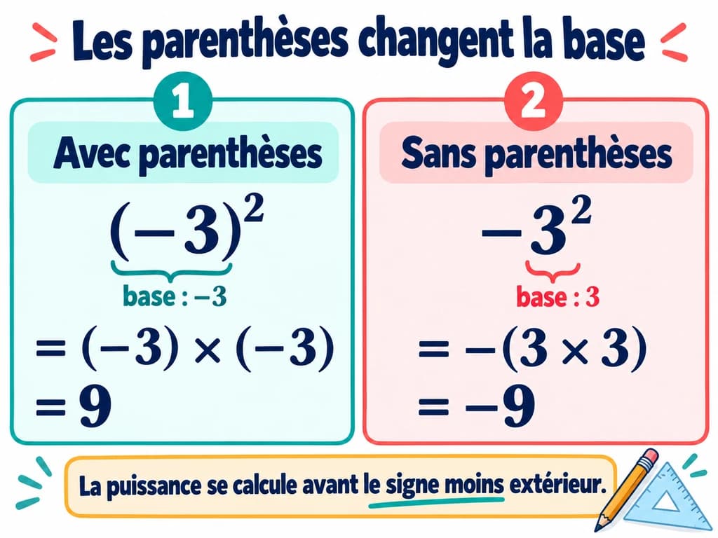 Comparaison de (-3)² = 9 et de -3² = -9, avec la base de la puissance mise en couleur. Schéma de mathématiques 3AC.