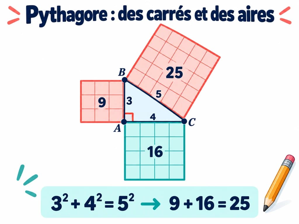Pythagore : une égalité d’aires : mathématiques 3AC Triangle rectangle de côtés 3, 4 et 5 et carrés d’aires 9, 16 et 25. Schéma de mathématiques 3AC.