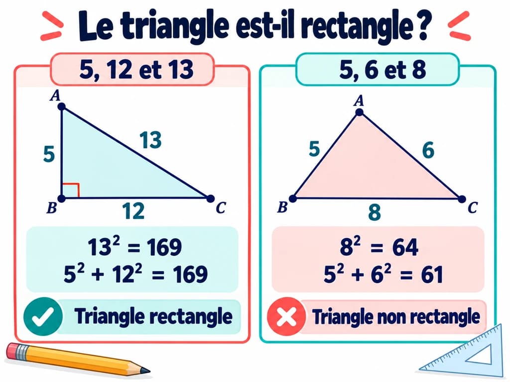 Rectangle ou non rectangle ? : mathématiques 3AC Comparaison des carrés pour les triangles de côtés 5, 12, 13 et 5, 6, 8. Schéma de mathématiques 3AC.