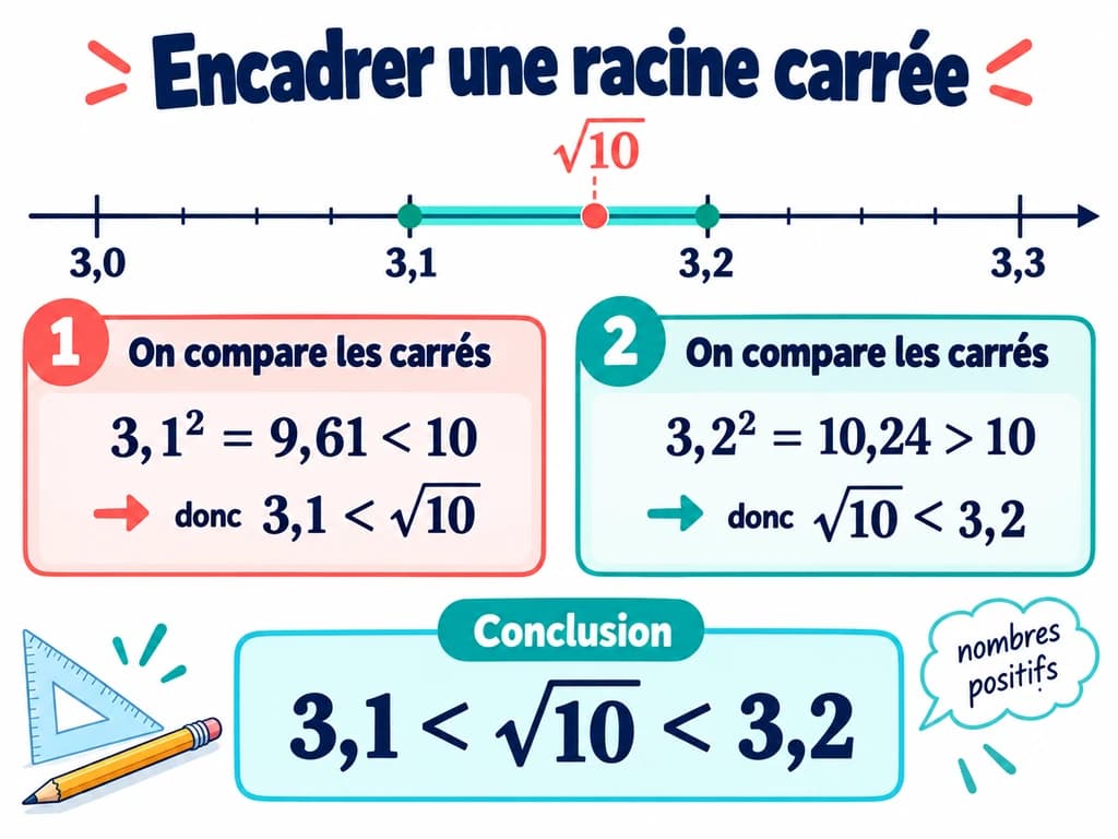Position de √10 sur une droite graduée entre 3,1 et 3,2, avec comparaison de leurs carrés. Schéma de mathématiques 3AC.