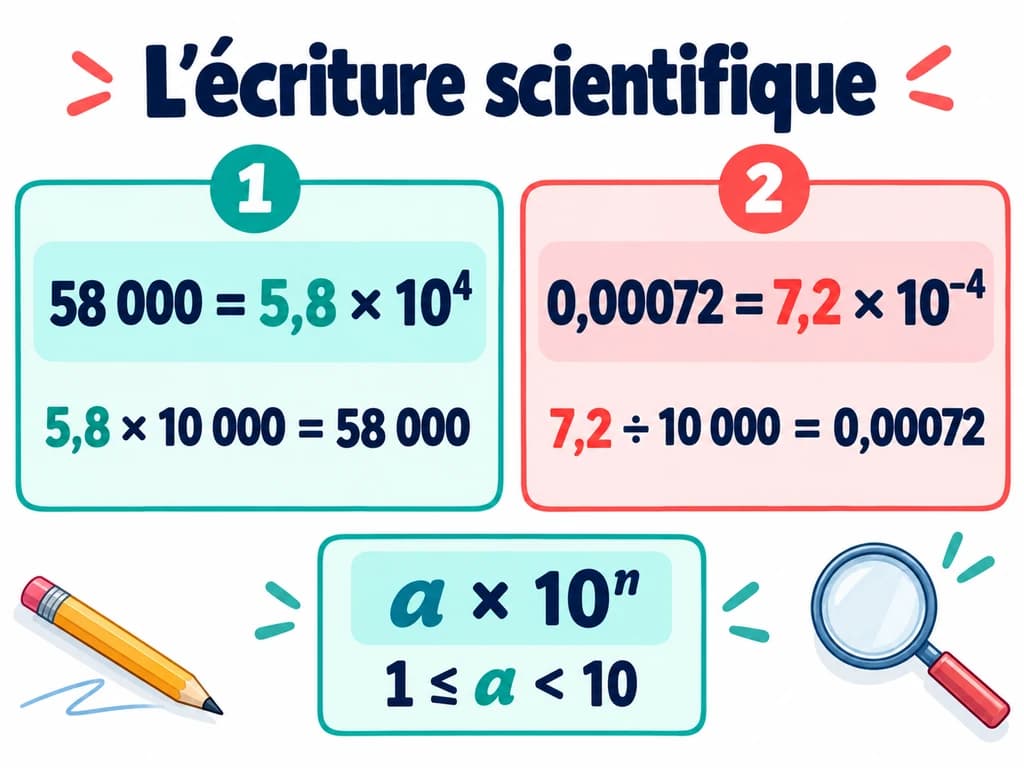 Écriture scientifique de 58 000 et de 0,00072 expliquée. Schéma de mathématiques 3AC.