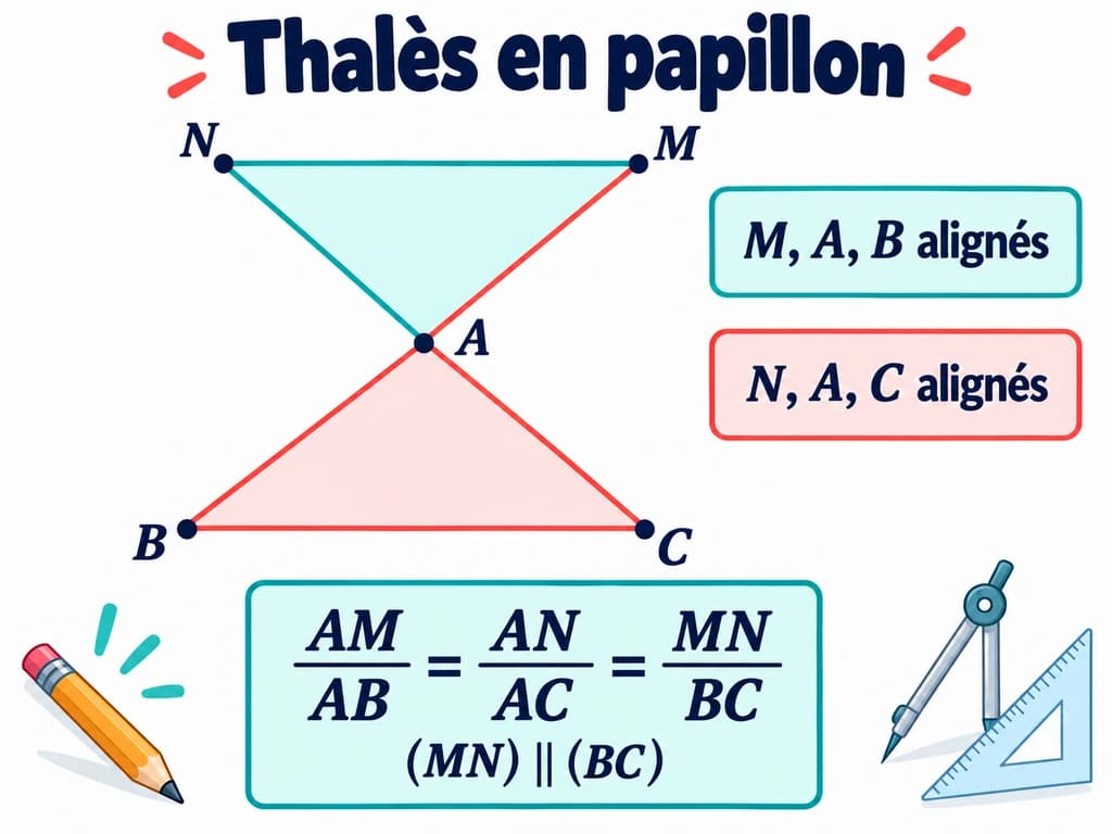 Deux triangles opposés en A, avec M, A, B alignés et N, A, C alignés. Schéma de mathématiques 3AC.