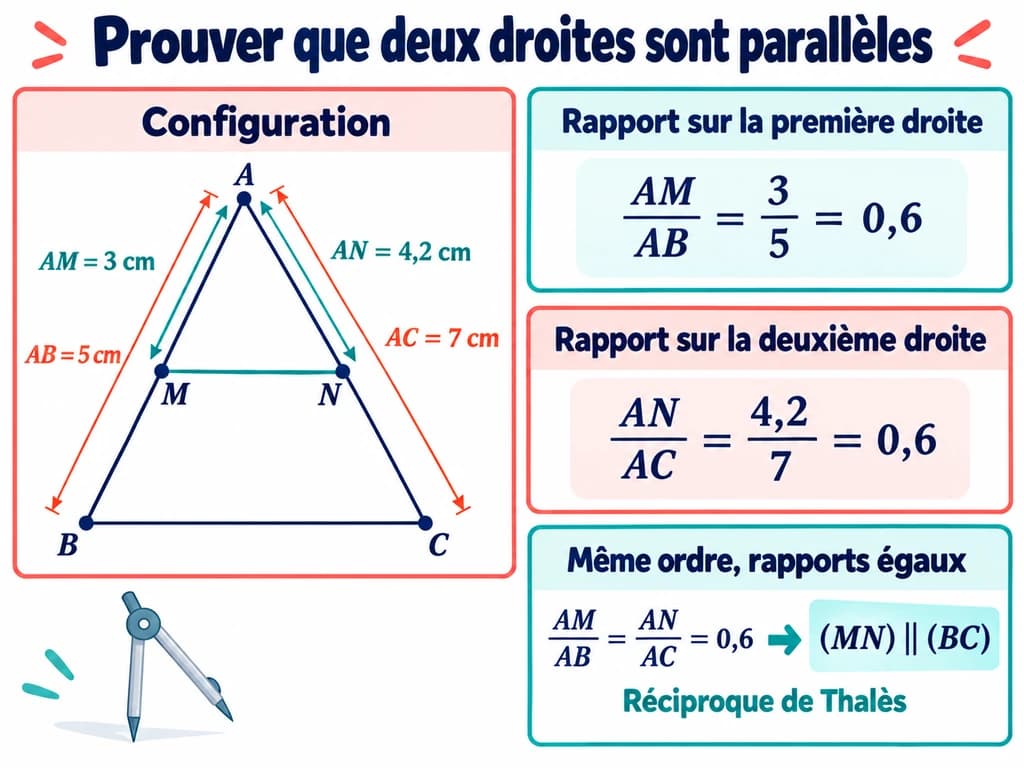 Points A, M, B et A, N, C alignés dans le même ordre ; AM = 3, AB = 5, AN = 4,2 et AC = 7 ; les rapports sont égaux à 0,6. Schéma de mathématiques 3AC.