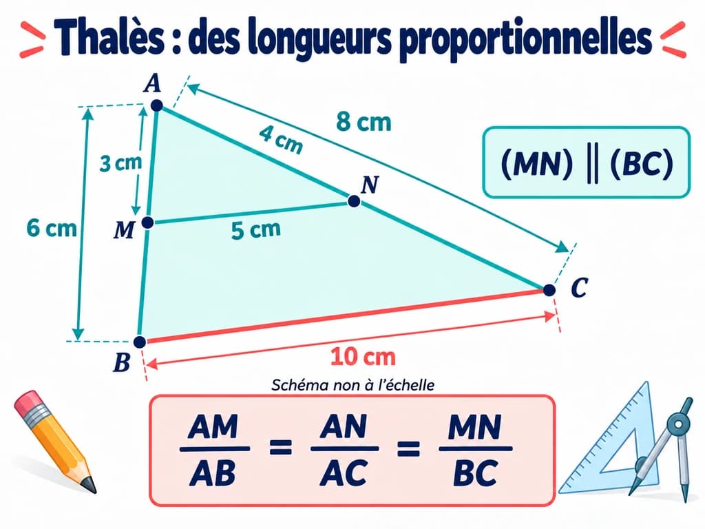 Thalès dans un triangle : mathématiques 3AC Triangles AMN et ABC avec MN parallèle à BC et rapport 1/2. Schéma de mathématiques 3AC.