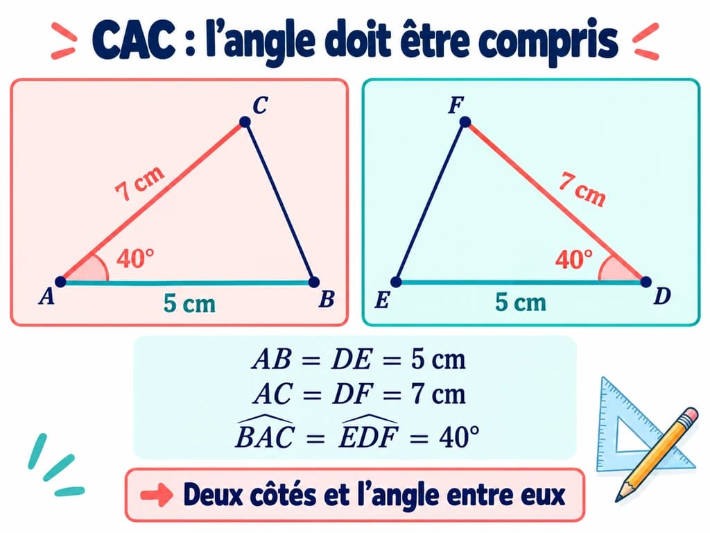 Triangles ABC et DEF réfléchis avec AB = DE = 5 cm, AC = DF = 7 cm et angles BAC et EDF de 40°. Schéma de mathématiques 3AC.