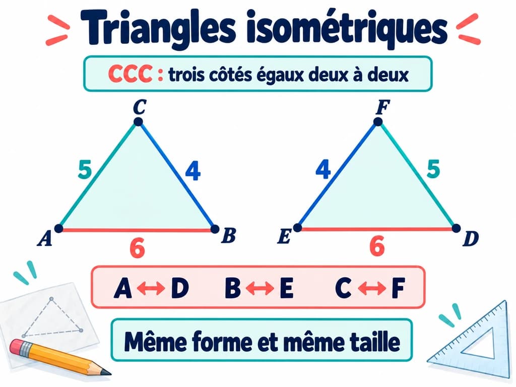 Deux triangles superposables : mathématiques 3AC Deux triangles réfléchis de côtés 4, 5 et 6, avec sommets homologues associés. Schéma de mathématiques 3AC.