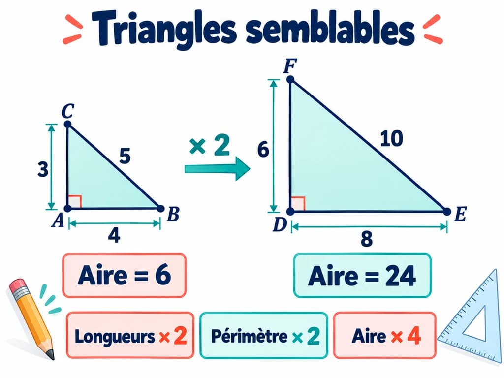 Triangles rectangles de côtés 3, 4, 5 et 6, 8, 10 ; leurs aires sont 6 et 24. Schéma de mathématiques 3AC.