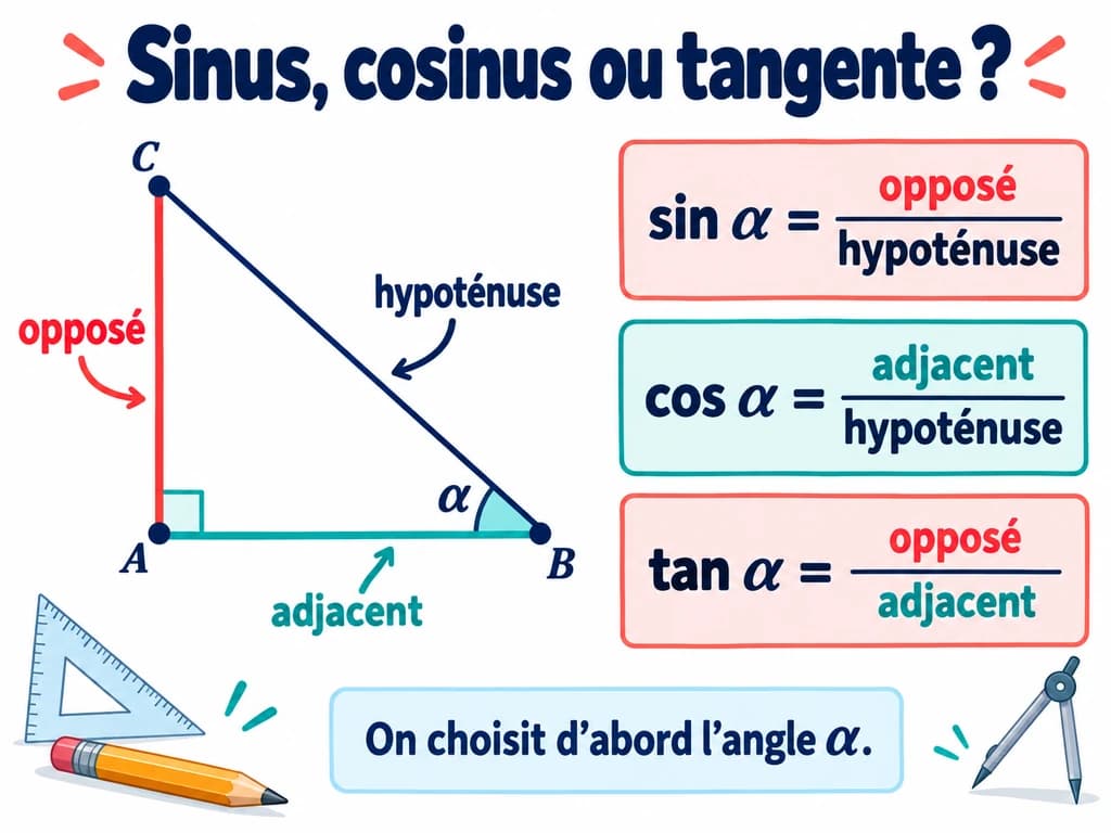 Choisir sinus, cosinus ou tangente : mathématiques 3AC Triangle ABC rectangle en A avec l’angle α en B et les trois côtés nommés. Schéma de mathématiques 3AC.
