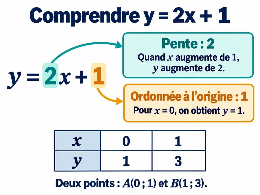 La formule y = 2x + 1 distingue la pente 2 et l’ordonnée à l’origine 1 ; le tableau associe 0 à 1 et 1 à 3.
