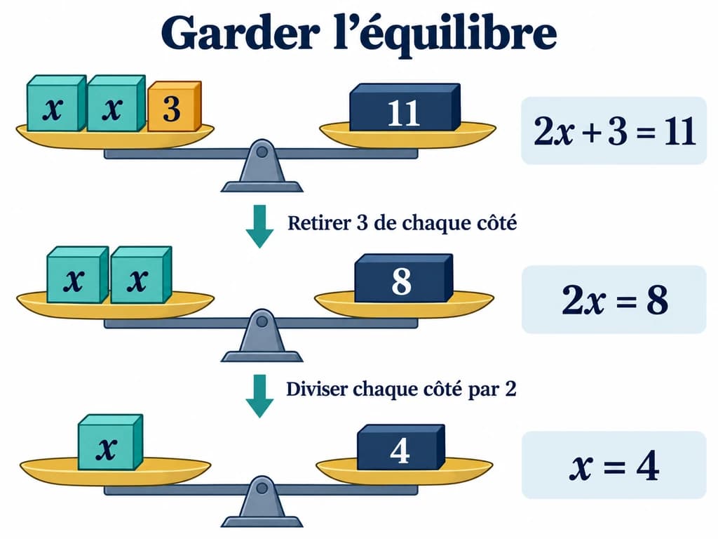 Une balance pour comprendre l’égalité — Maths 3AC Balance horizontale portant deux boîtes x et un bloc 3 à gauche, un bloc 11 à droite : 2x + 3 = 11.