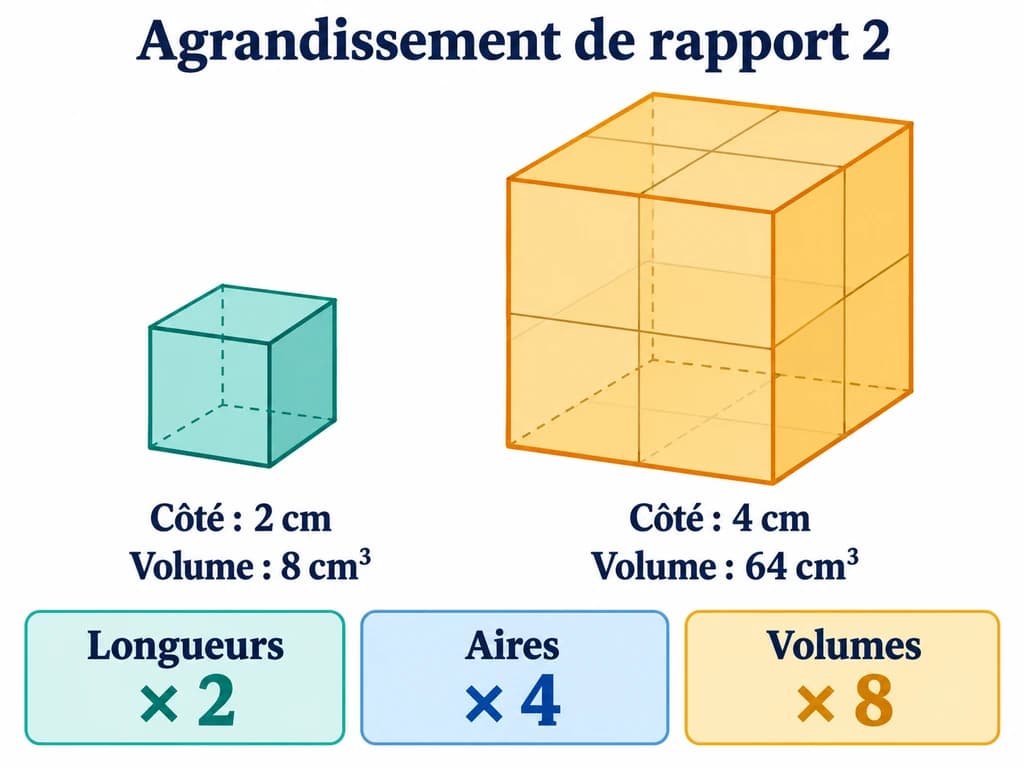 Un cube de côté 2 cm et un cube de côté 4 cm illustrent un agrandissement de rapport 2.