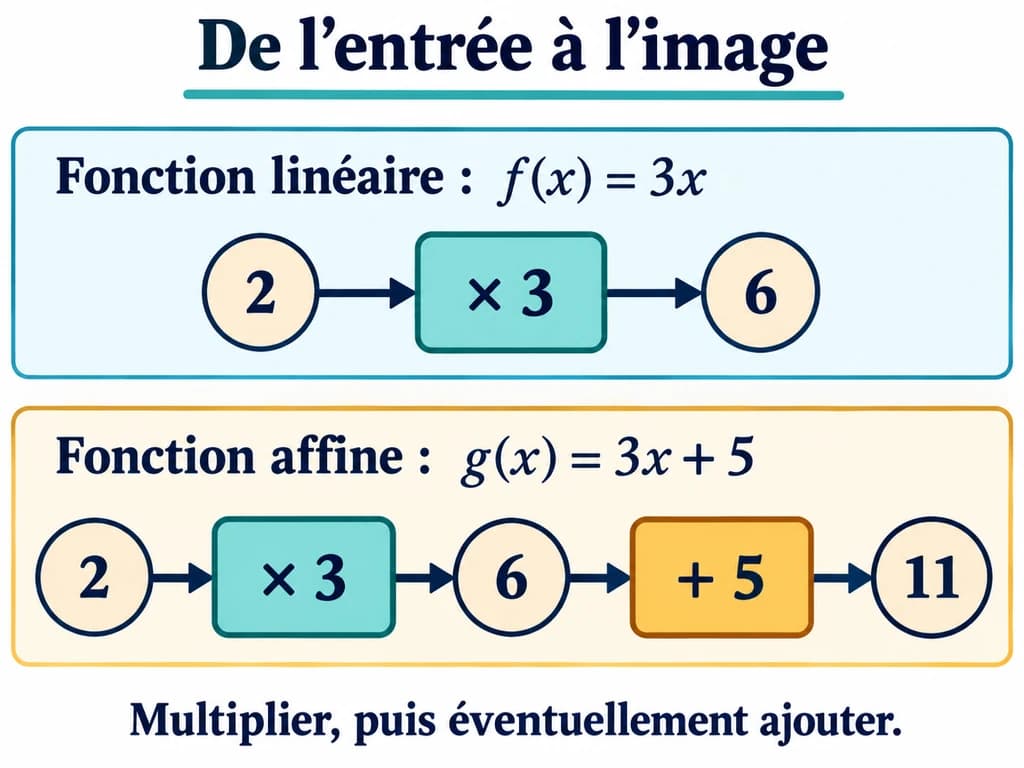 Deux chaînes de calcul comparent f(x) = 3x et g(x) = 3x + 5 pour l’entrée 2.