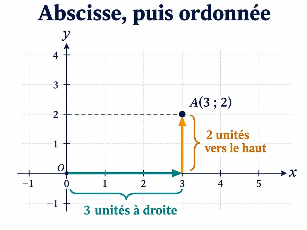 Repère orthogonal avec le point A(3 ; 2), une lecture de 3 unités à droite puis 2 unités vers le haut.