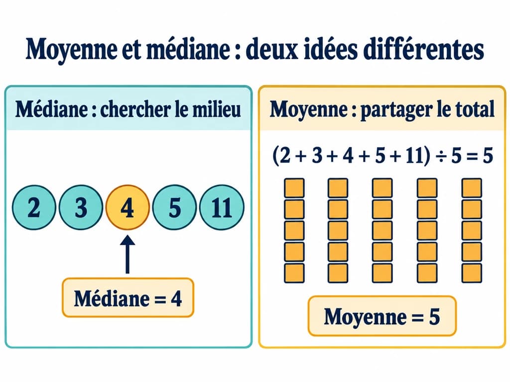 Cinq valeurs ordonnées 2, 3, 4, 5, 11 mettent en évidence la médiane 4 et la moyenne 5.
