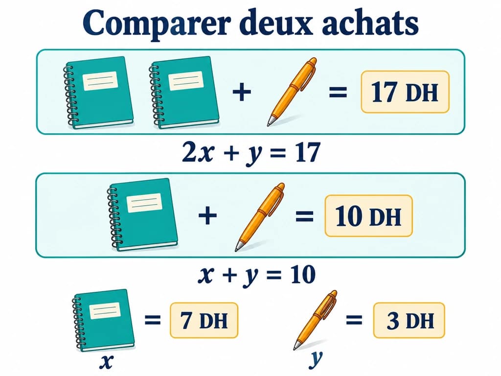 Un panier de deux cahiers et un stylo coûte 17 DH ; un panier d’un cahier et un stylo coûte 10 DH.