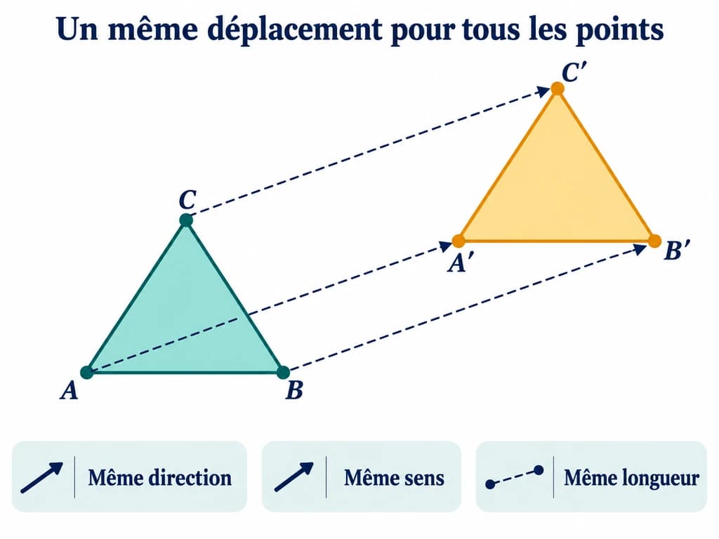 Deux triangles identiques ABC et A′B′C′ reliés par trois flèches parallèles de même longueur et de même sens.