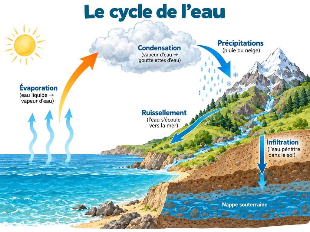 Le cycle de l'eau : Le cycle de l'eau enchaîne l'évaporation, la condensation, les précipitations, puis le ruissellement et l'infiltration : l'eau change d'état et de place, mais sa quantité totale sur la Terre reste constante.