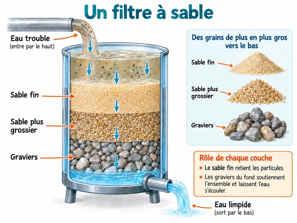 Un filtre à sable : Dans un filtre à sable, les couches sont de plus en plus grossières vers le bas : le sable fin retient les particules, les graviers du fond soutiennent l'ensemble et laissent l'eau s'écouler.