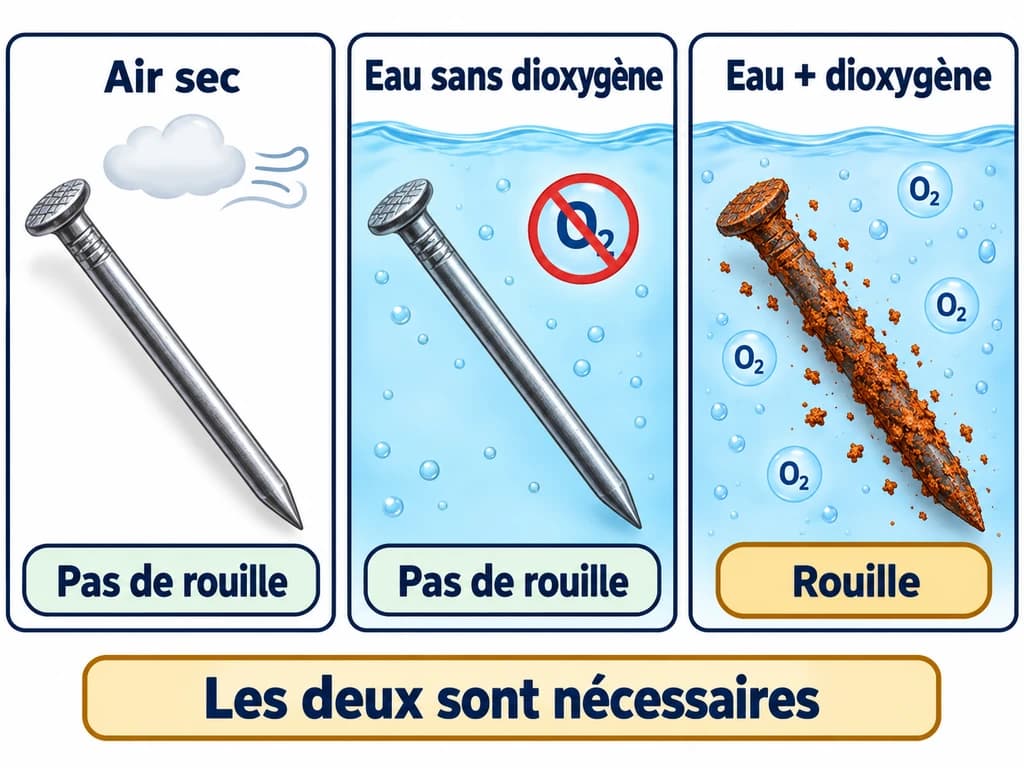 Trois modèles comparent un clou en air sec, dans l’eau sans dioxygène et en présence d’eau et de dioxygène ; seul le dernier rouille.