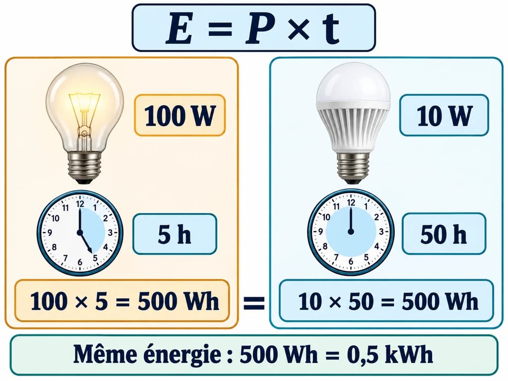 Une lampe de 100 W utilisée 5 h et une lampe de 10 W utilisée 50 h consomment chacune 500 Wh, soit 0,5 kWh.