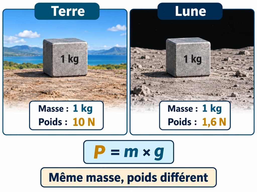 La masse d’un objet reste la même sur la Terre et sur la Lune ; son poids change avec l’intensité de la pesanteur. Physique-Chimie 3AC.