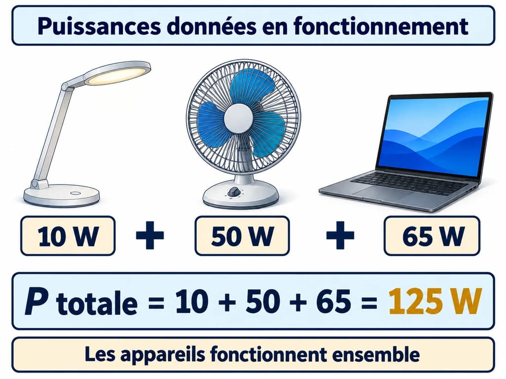 Les puissances données d’une lampe de 10 W, d’un ventilateur de 50 W et d’un ordinateur de 65 W s’additionnent pour donner 125 W.