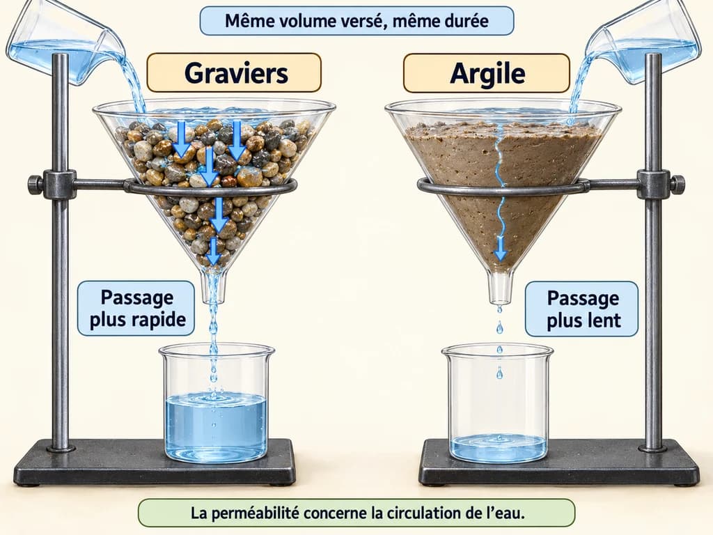 Deux montages identiques comparent le passage de l'eau à travers des graviers et de l'argile pendant une même durée.