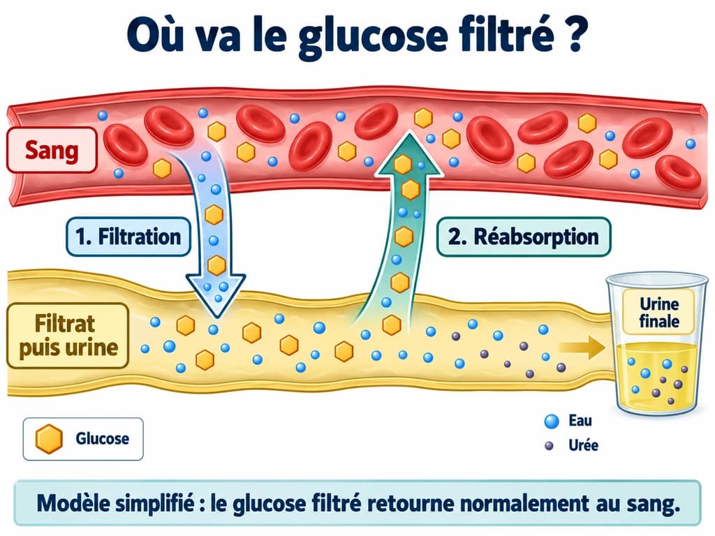 Modèle du rein : le glucose passe du plasma au filtrat par filtration, puis retourne au sang par réabsorption ; il est normalement presque absent de l’urine finale.