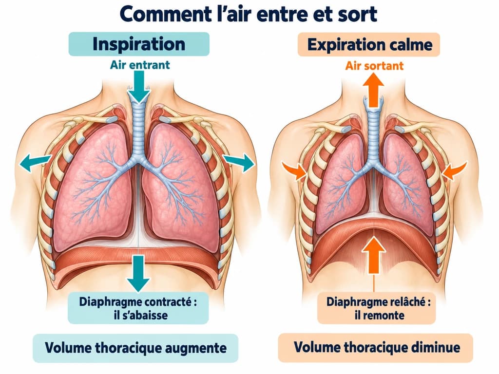 Deux coupes du thorax : à l’inspiration, le diaphragme s’abaisse et l’air entre ; à l’expiration calme, il remonte et l’air sort.