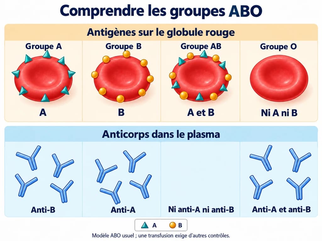 Quatre globules rouges : A porte l’antigène A, B l’antigène B, AB les deux et O aucun des deux ; les anticorps du plasma correspondent aux antigènes absents.