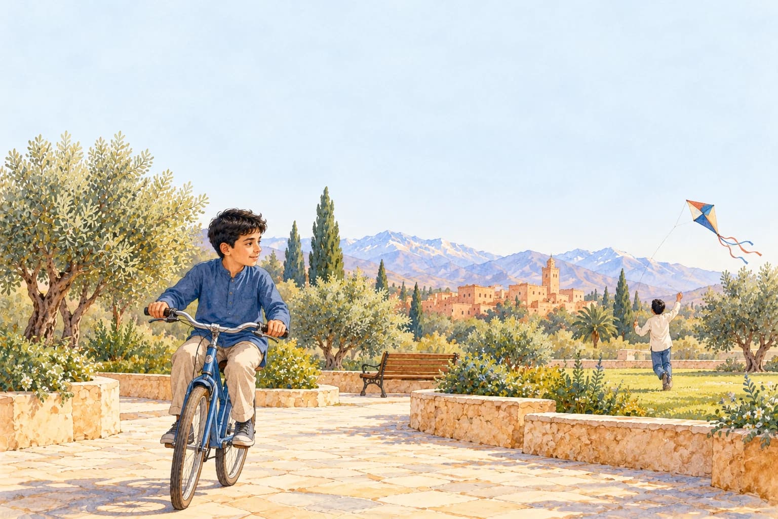 Can / can't & outdoor activities - illustration One modestly dressed Moroccan schoolboy riding a bicycle carefully in a quiet park; a second boy flies a kite far away.