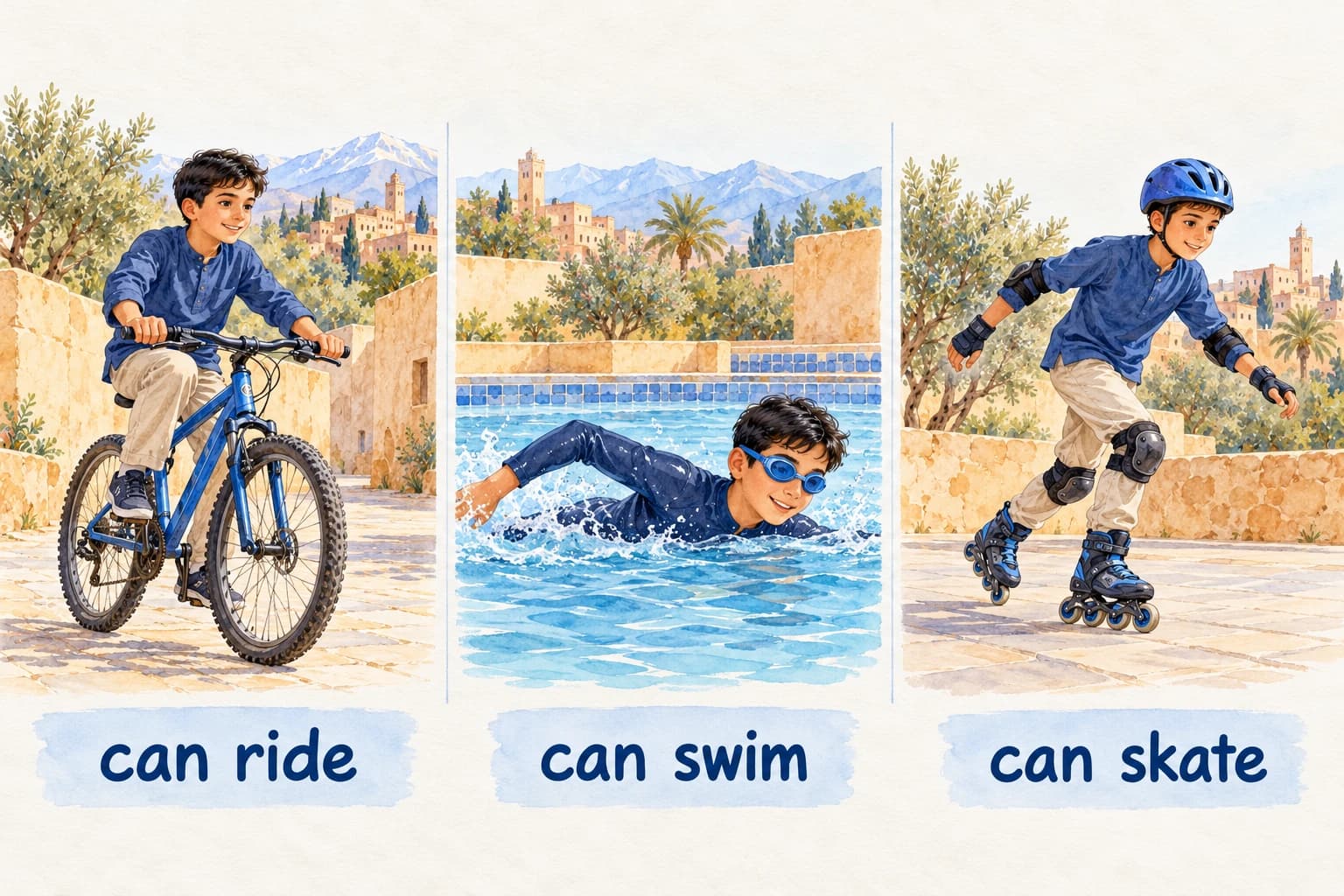 Can / can't & outdoor activities - teaching illustration 2 Three separated abilities: a boy riding a bike, a boy swimming in a modest full-body sports swimsuit, a boy skating with helmet