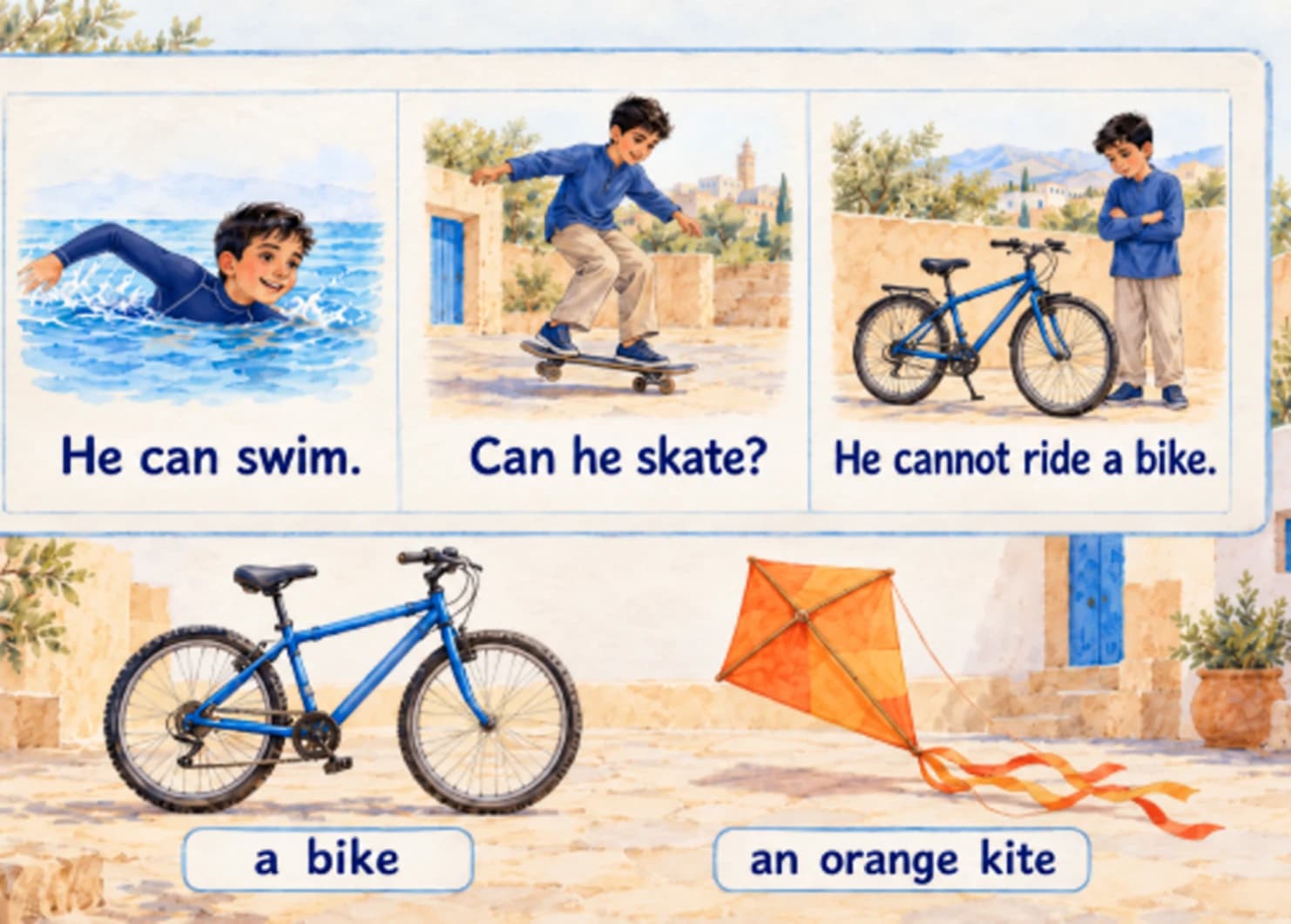 Can / can't & outdoor activities - teaching illustration 3 Three boys illustrate He can swim, Can he skate, and He cannot ride a bike. A bike and an orange kite illustrate a and an. The swimmer wears a long-sleeved swimming suit.