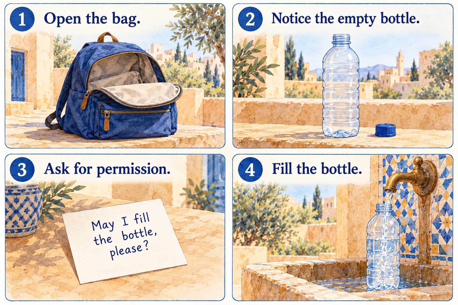 Reading: a lunch story - teaching illustration 2 Four watercolor object-only caption panels: 1 Open the bag. / 2 Notice the empty bottle. / 3 Ask for permission. / 4 Fill the bottle. In panel three depict a written permission card,