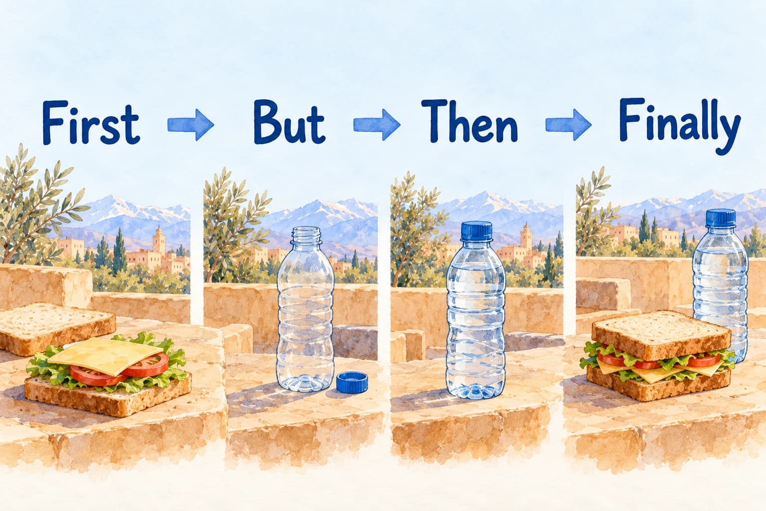 Reading: a lunch story - teaching illustration 3 A notebook sequence diagram, exact words First / But / Then / Finally connected by calm blue arrows, beside sandwich, empty bottle and full bottle drawings.