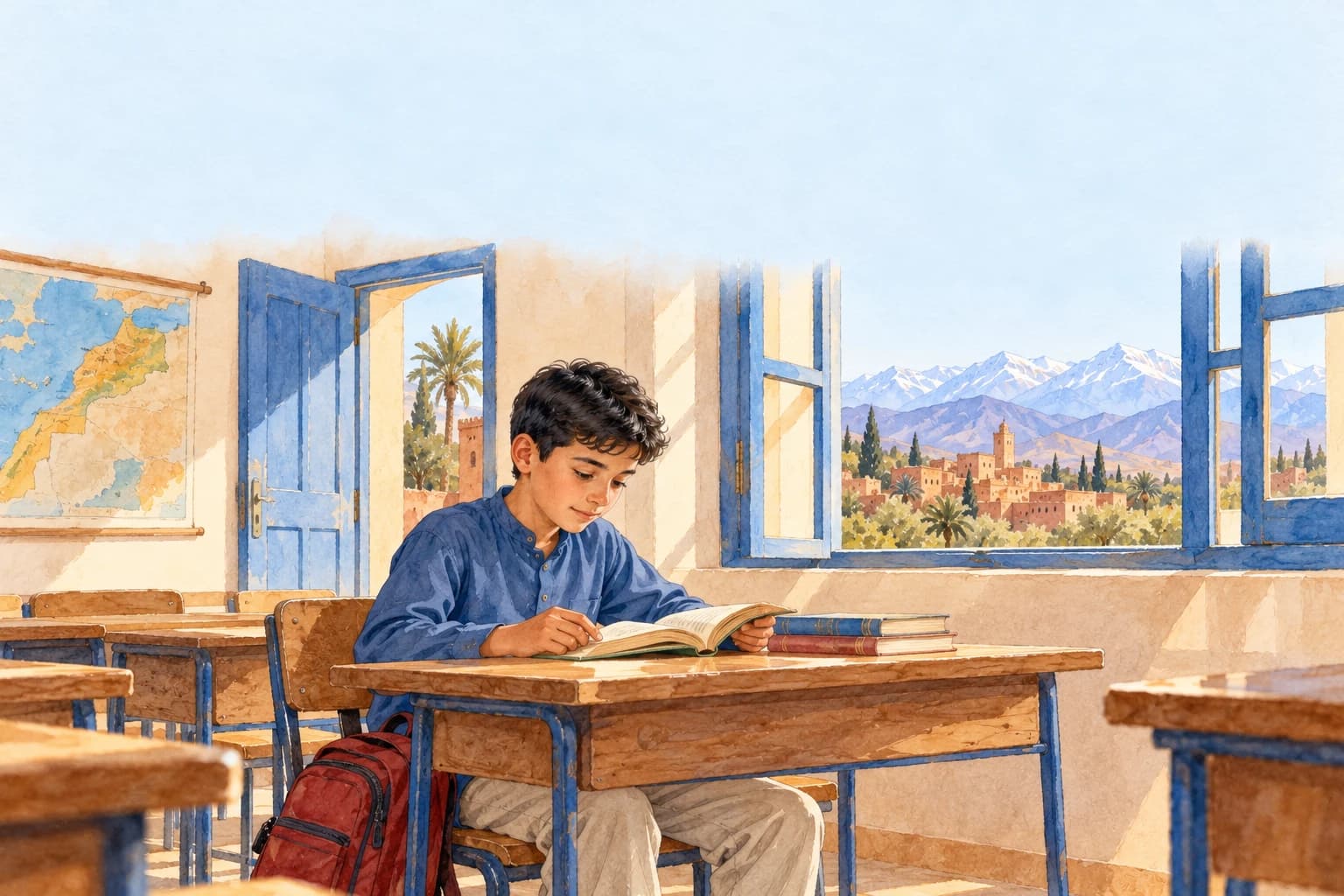 Reading: our classroom - illustration A modest Moroccan classroom with a schoolboy reading at a desk, a map near the door, three dictionaries on the teacher desk and a red bag under a chair.