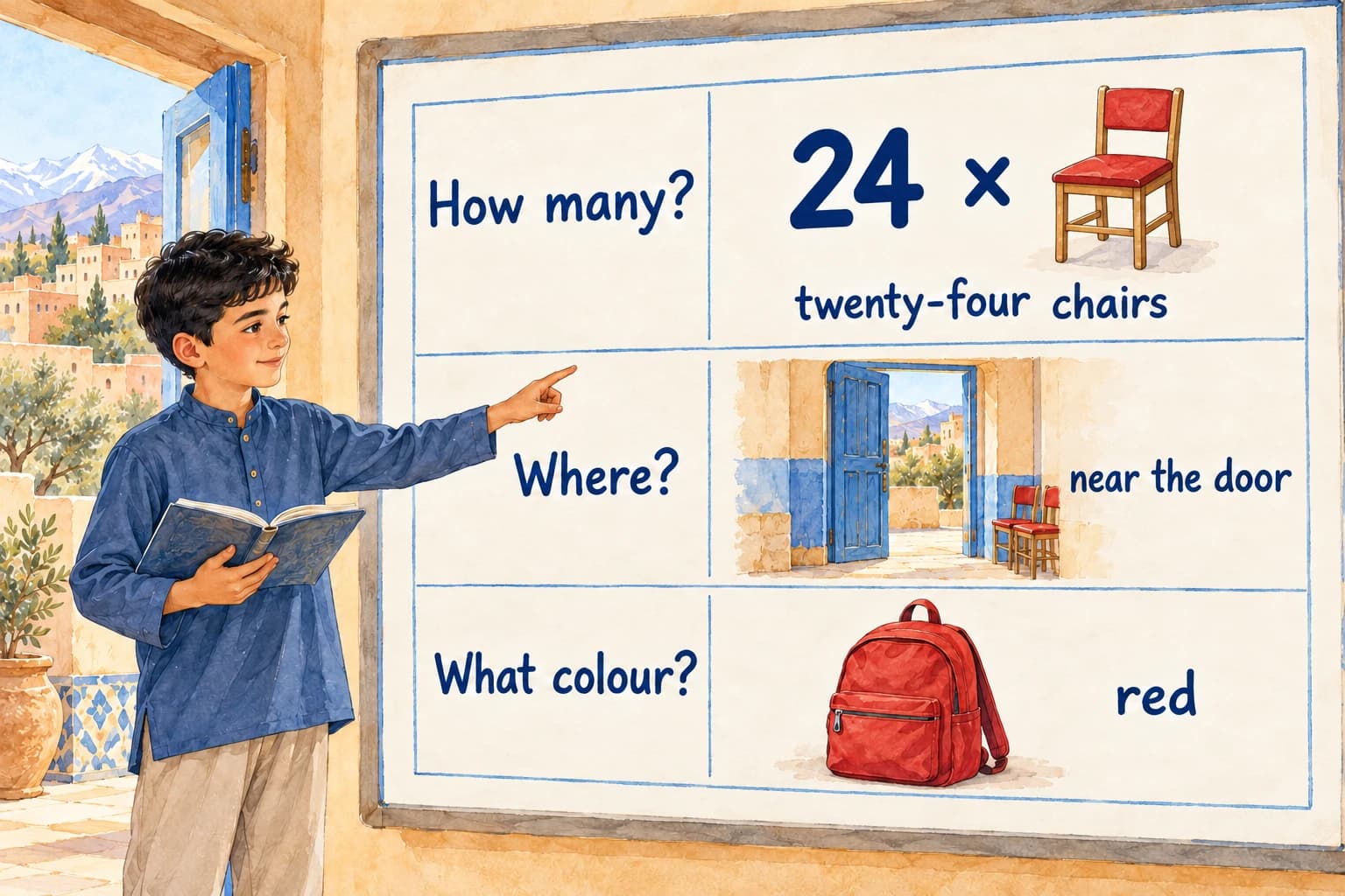 Reading: our classroom - teaching illustration 2 A reading-evidence chart links How many to 24 times one chair, Where to near the door, and What colour to a red bag.