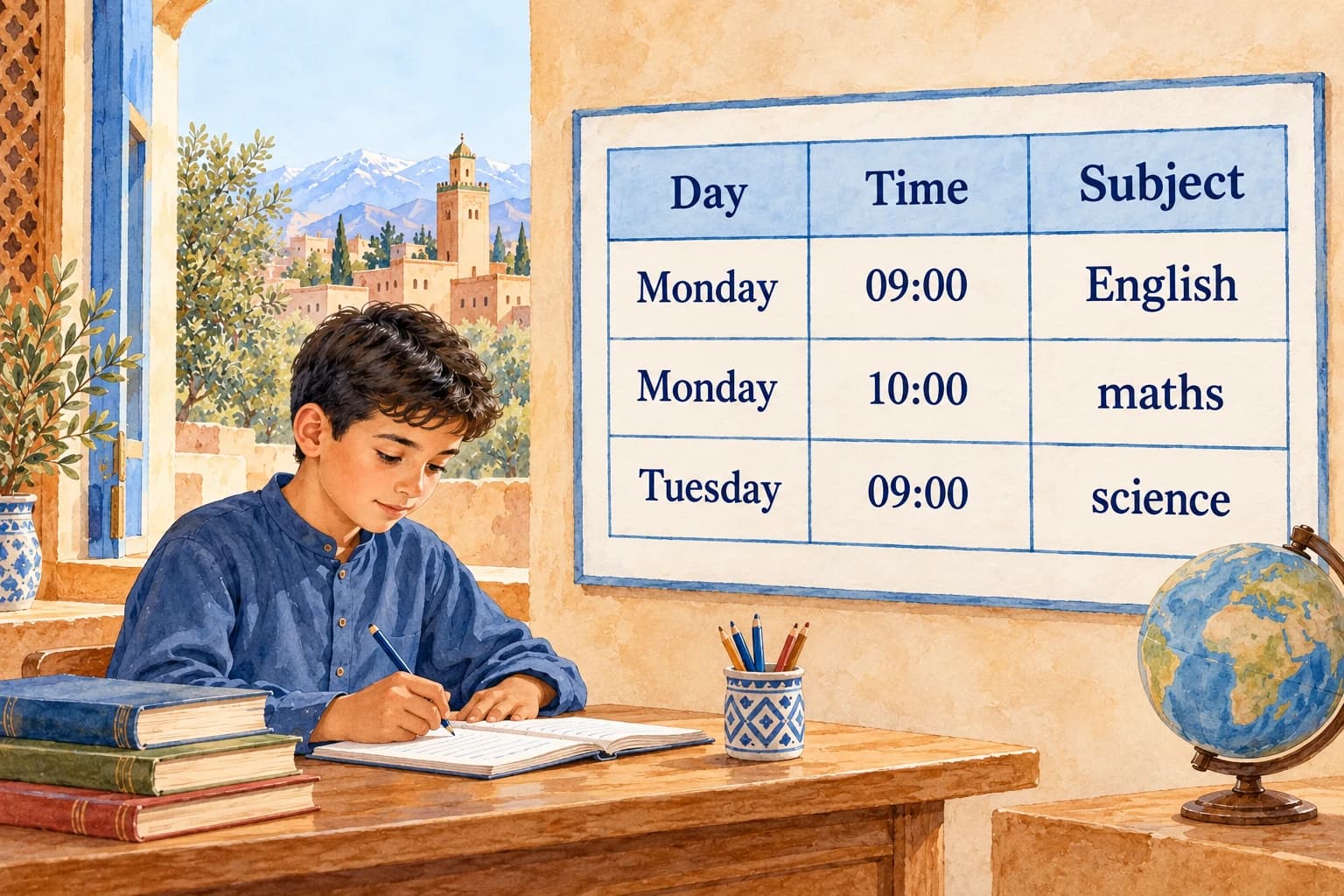 School subjects & timetables - teaching illustration 2 A very simple legible timetable, exact columns Day / Time / Subject and rows Monday / 09:00 / English; Monday / 10:00 / maths; Tuesday / 09:00 / science.