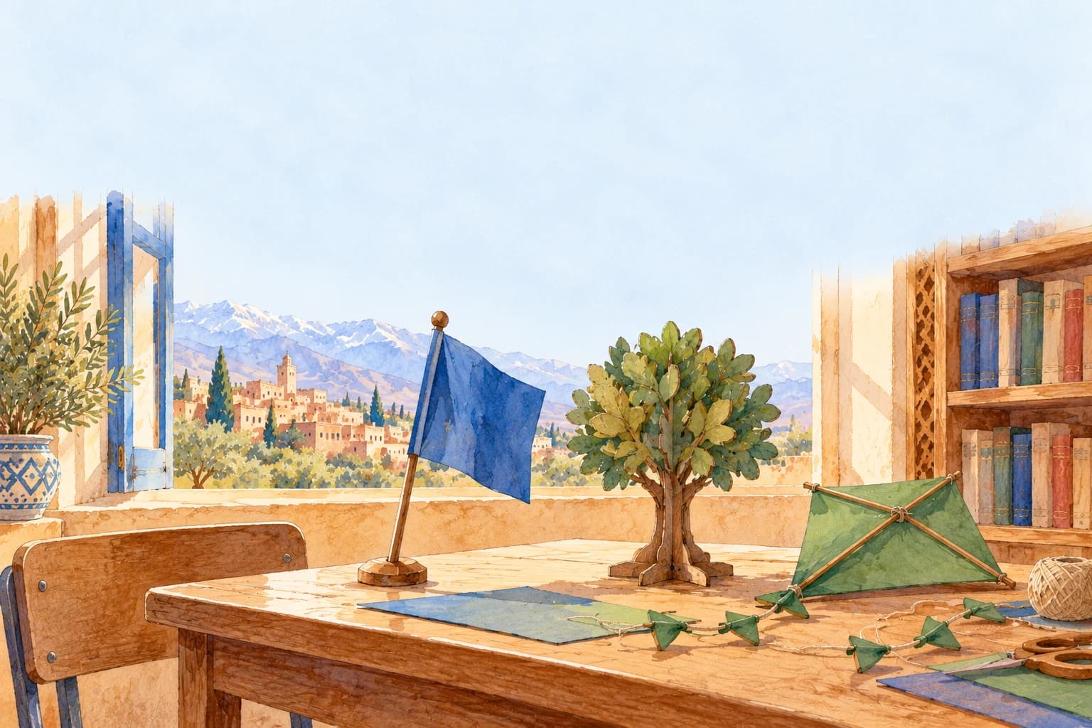 Phonics: blends & magic e - illustration A blue flag, a green kite and a model wooden tree on a classroom desk,