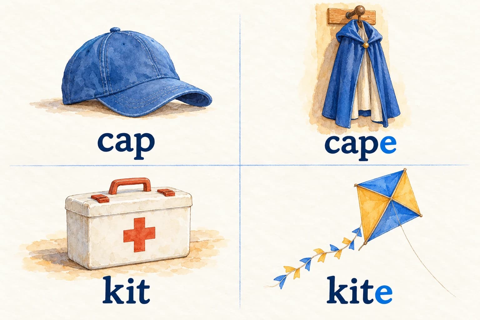 Phonics: blends & magic e - teaching illustration 2 Four separate accurately drawn objects and words: cap / cape / kit / kite. Show a simple cap, a cape hanging on a hook without a person, a first-aid kit and a kite