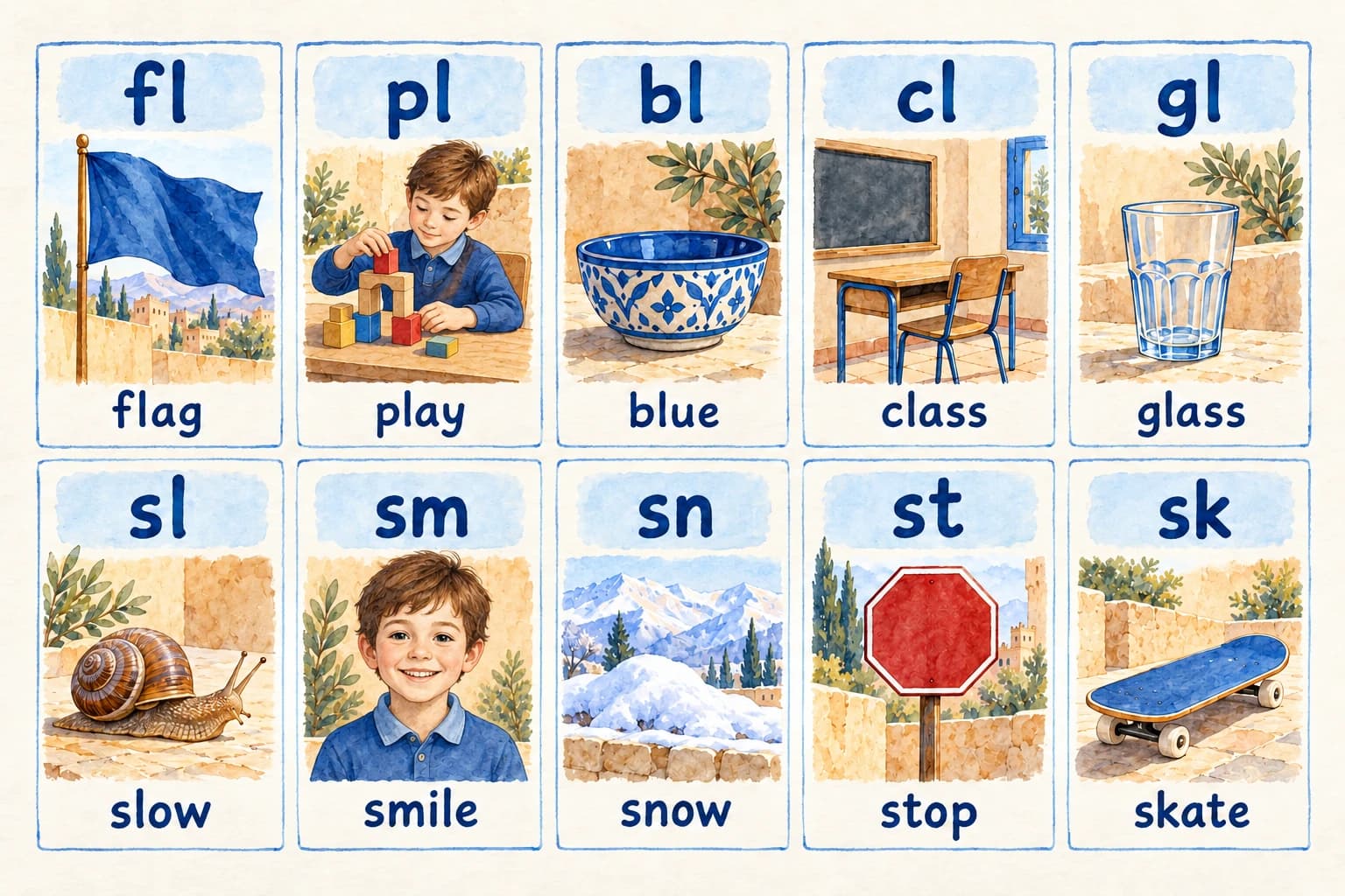 Phonics: blends & magic e - teaching illustration 3 A phonics chart pairs fl with flag, pl with play, bl with blue, cl with class, gl with glass, sl with slow, sm with smile, sn with snow, st with stop and sk with skate.