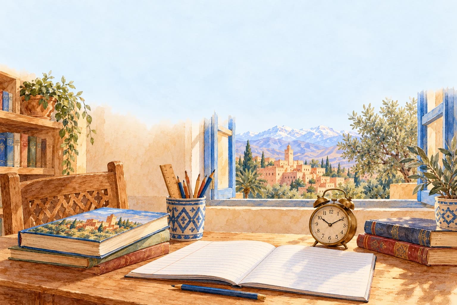 Semester 2: revision & practice test - illustration A quiet school revision desk with an English notebook, clock, storybook gift and a view of a sunny cool day through a Moroccan blue window,