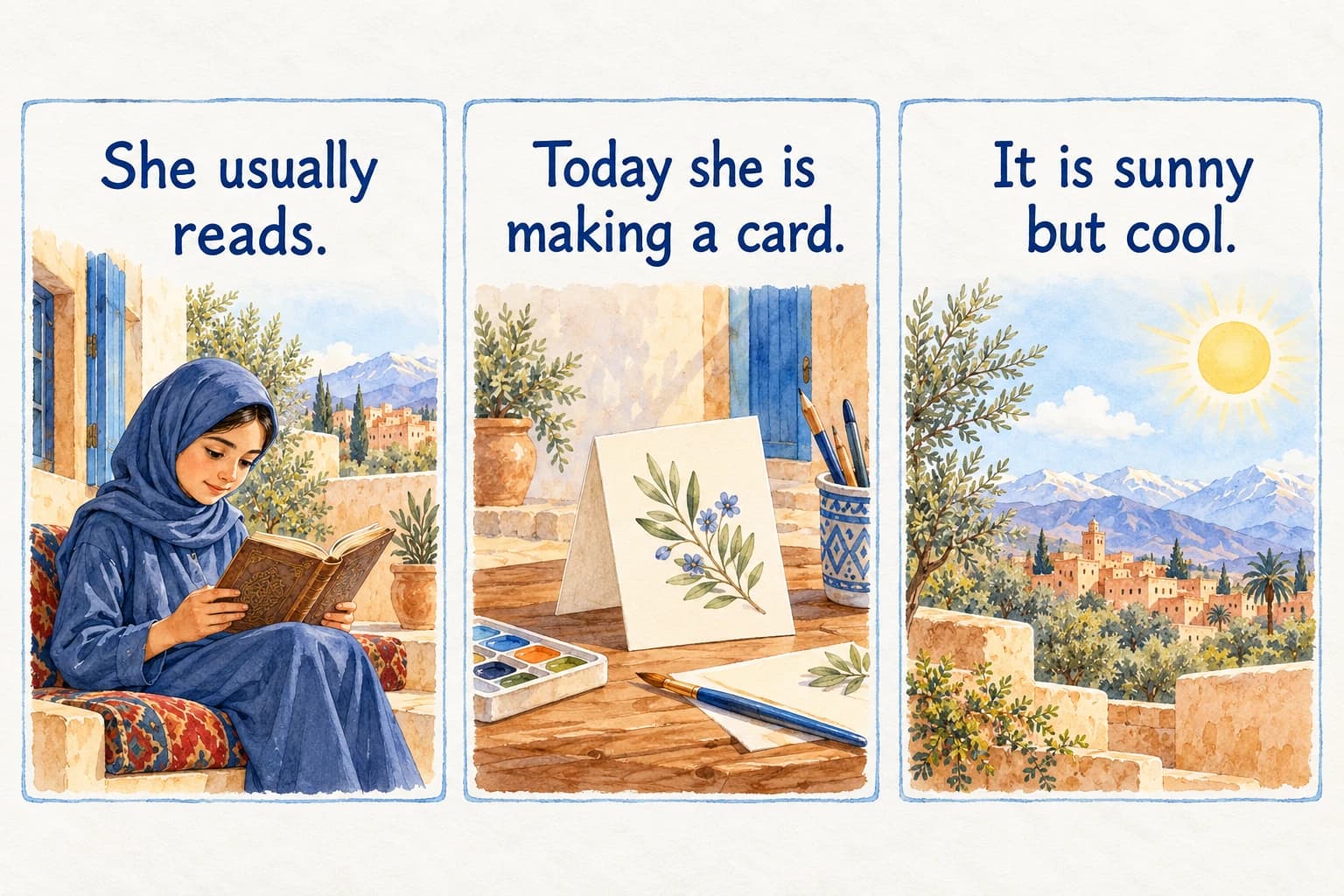 Semester 2: revision & practice test - teaching illustration 2 Three contrast cards, exact text She usually reads. / Today she is making a card. / It is sunny but cool. Draw a book, a plain thank-you card without hearts and a small sun.