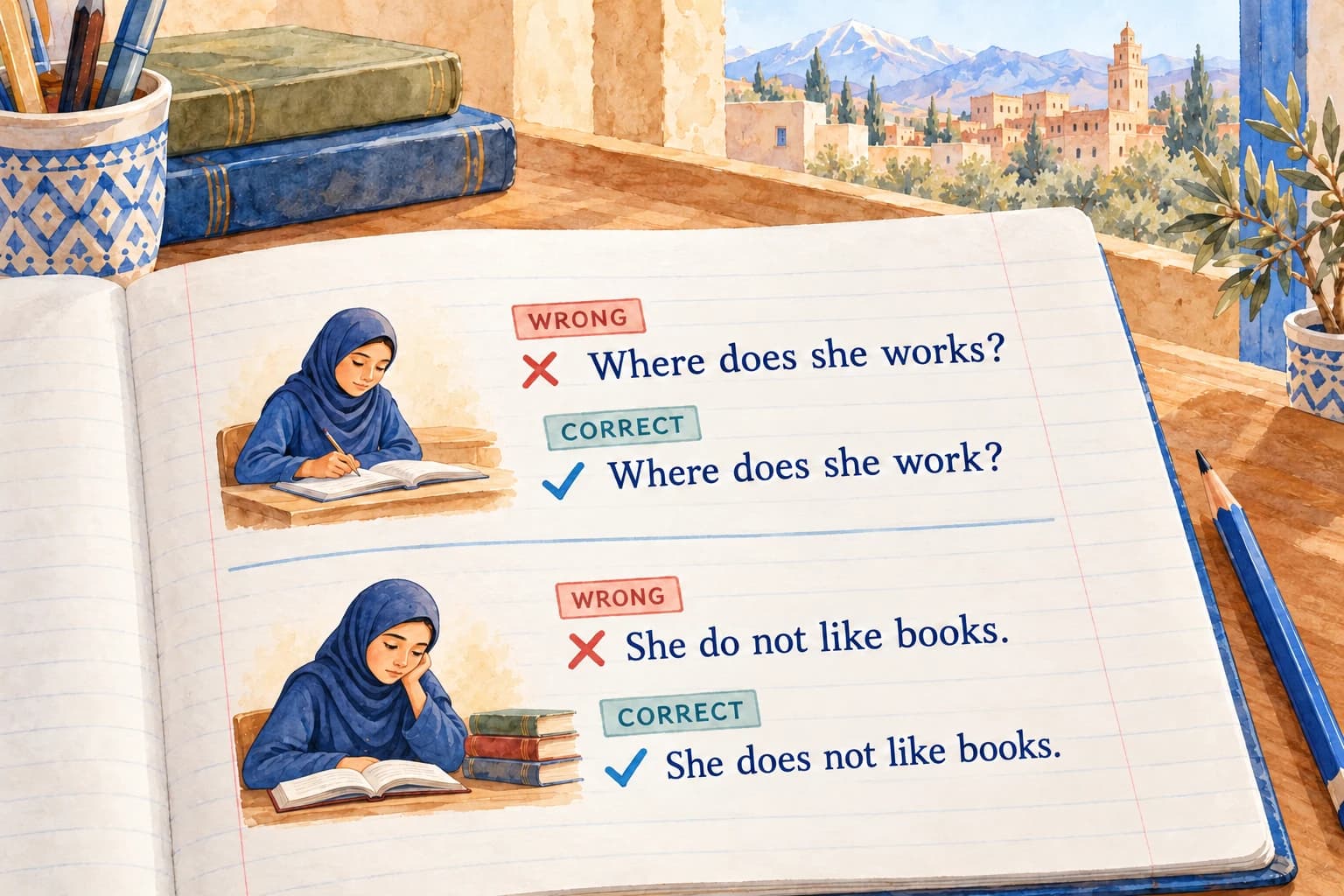 Semester 2: revision & practice test - teaching illustration 3 Girls illustrate two grammar corrections: Where does she works becomes Where does she work; She do not like books becomes She does not like books. Incorrect sentences are marked with a red cross.